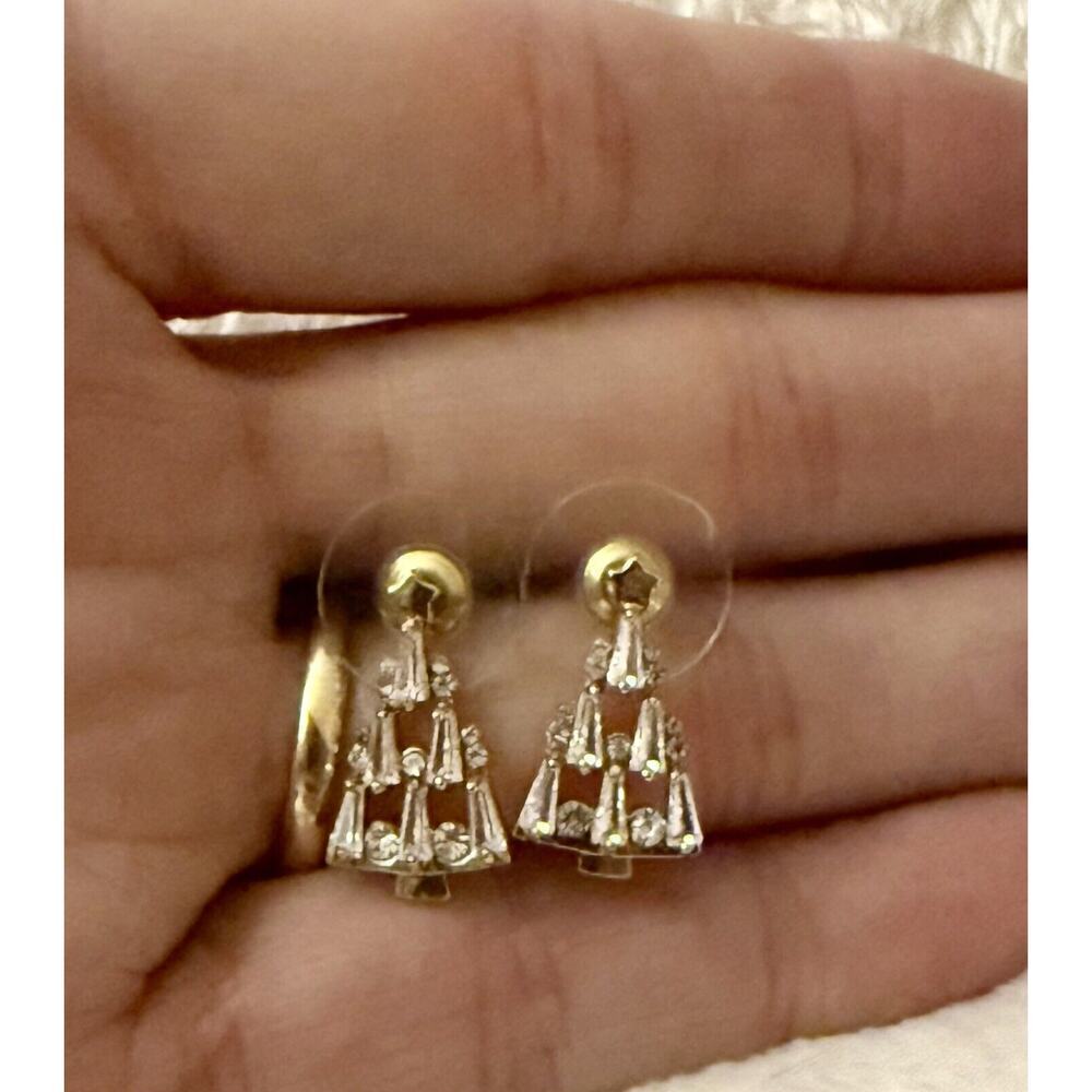 New Napier Gold Tone Christmas Xmas Tree Cubic Zirconia Stud Post Earrings Star